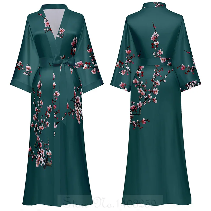 Plus Size Female Long Robe Nightgown Print Flower Kimono Bathrobe Gown Spring Summer Satin Sleepwear Loose Casual Home Dress