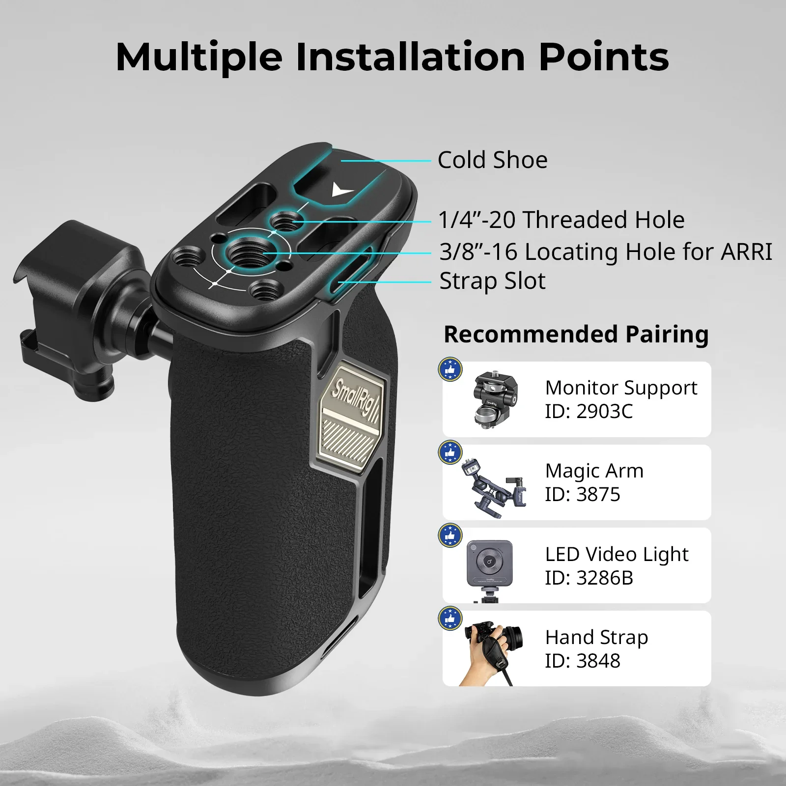 SmallRig 4359 مقبض جانبي عالمي قابل للدوران 360 درجة °   مقبض دوران ثنائي الاتجاه لقفص كاميرا DSLR للوحة