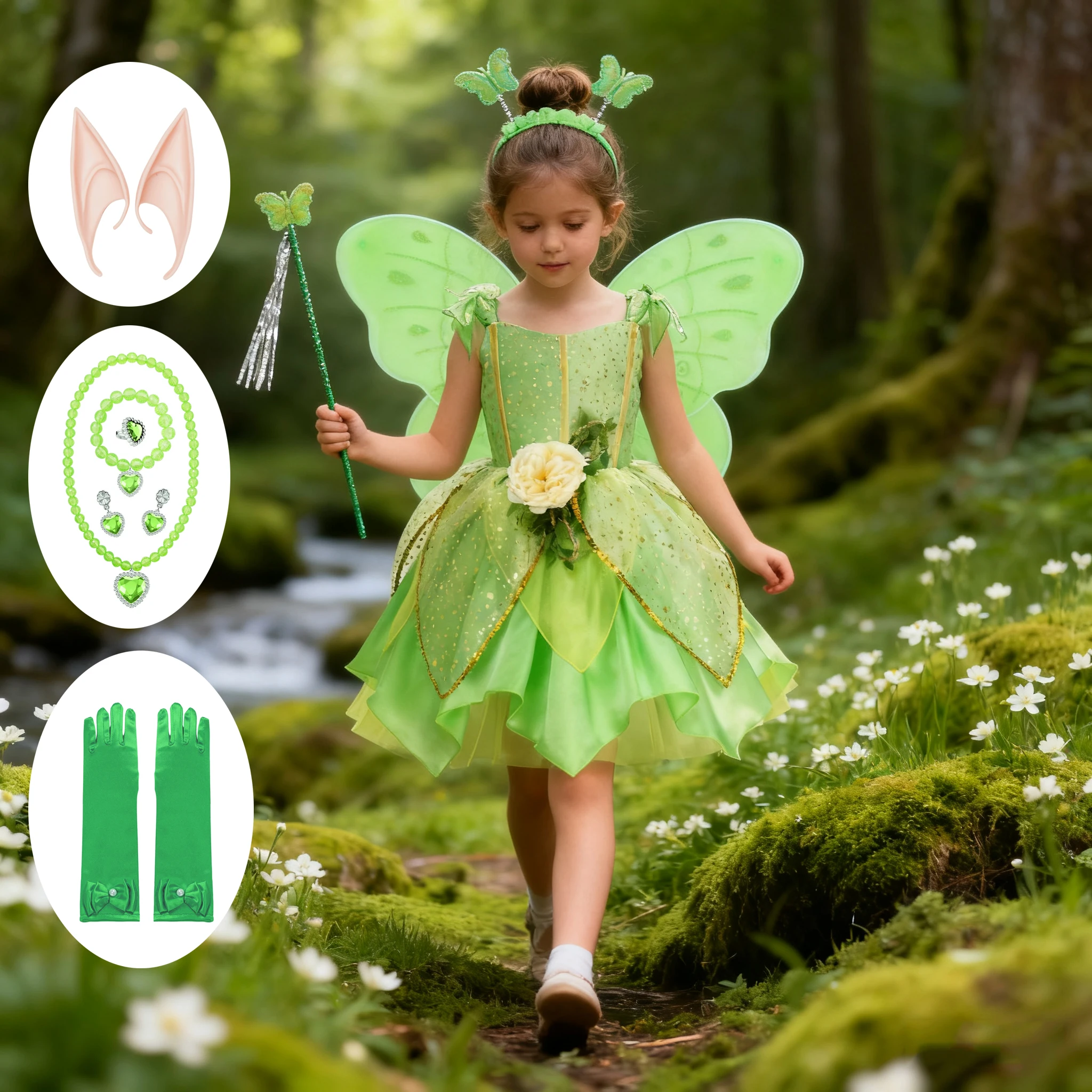 Girls Green Tinker Bell Fairy Costume Dress with Wings Accessories Set for Halloween Birthday Party