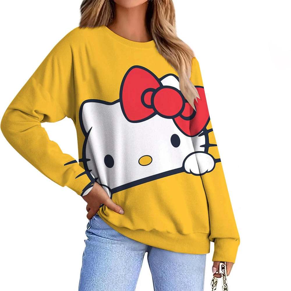 2025 خريف شتاء جديد وصول المرأة موضة هوديي مرحبا كيتي طباعة بلوزات الإناث اليومية عادية رياضي فضفاض البلوز