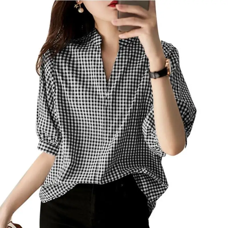 

Women's Vintage Plaid Printed irt f Sved Collar Bubble Sve Polyester Fiber Five Sve Summer Regular Thin