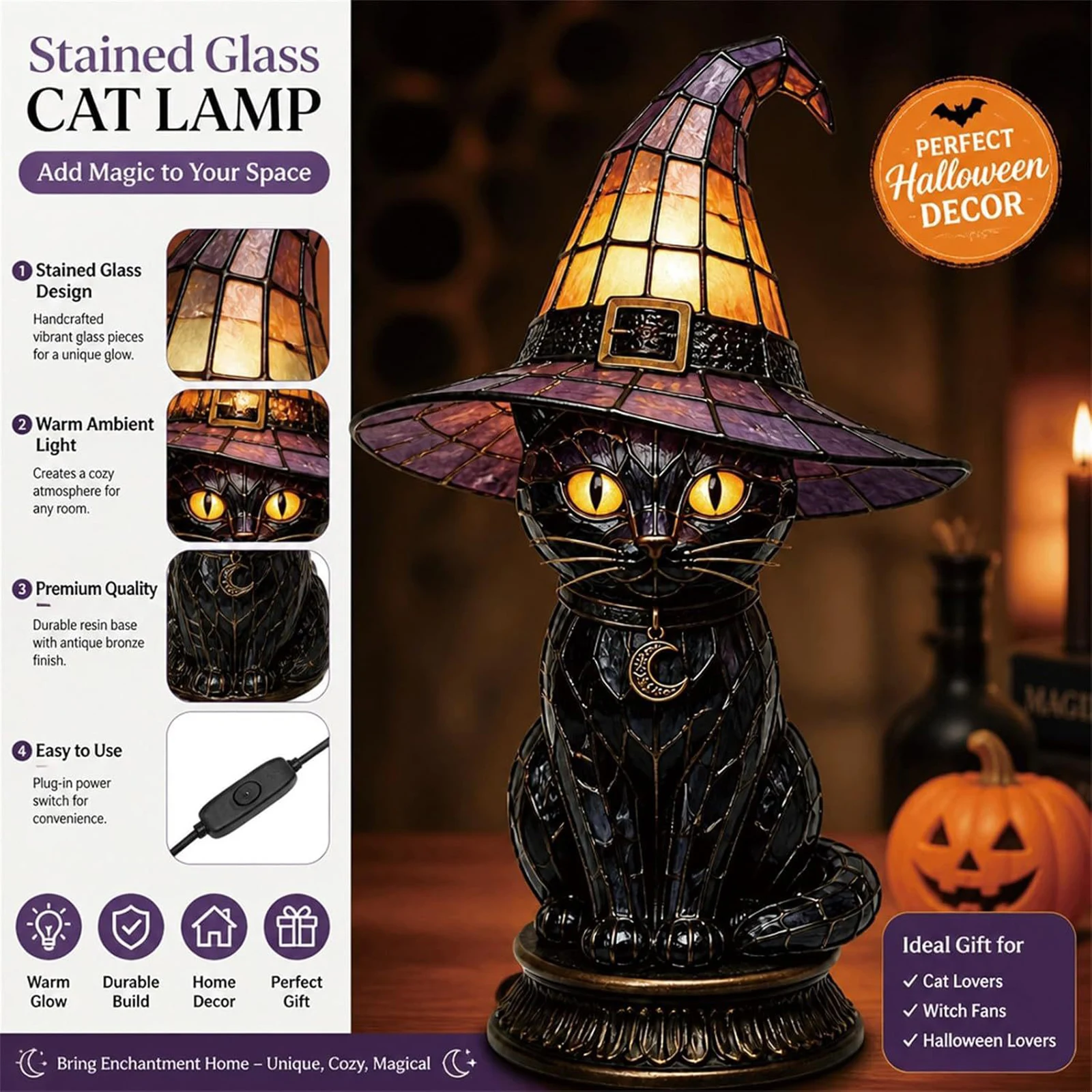 Retro Resin Accent Lamp for Colorful Witch Hat Desktop Lights Creative Reading Book Lamp for Halloween & Year-Round Home Decors