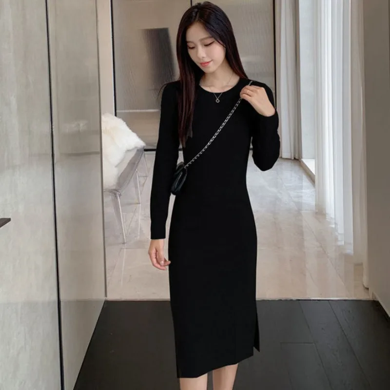 Crochet Party Midi Prom Clothing Knee Length Cover Up Women's Dresses Formal Solid Black Split Sexy Daring Female Dress Y2k Knit