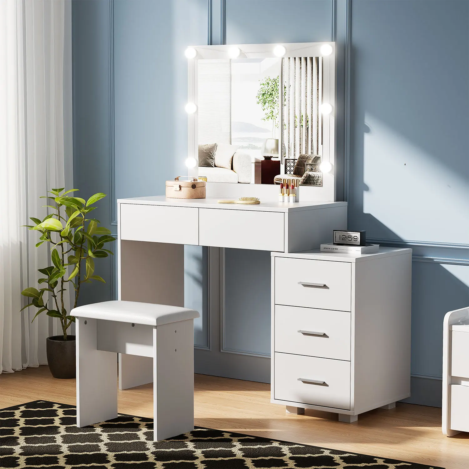 Schminktisch mit LED Beleuchtung und Hocker Frisiertisch mit Großer Spiegel,5 Schubladen und