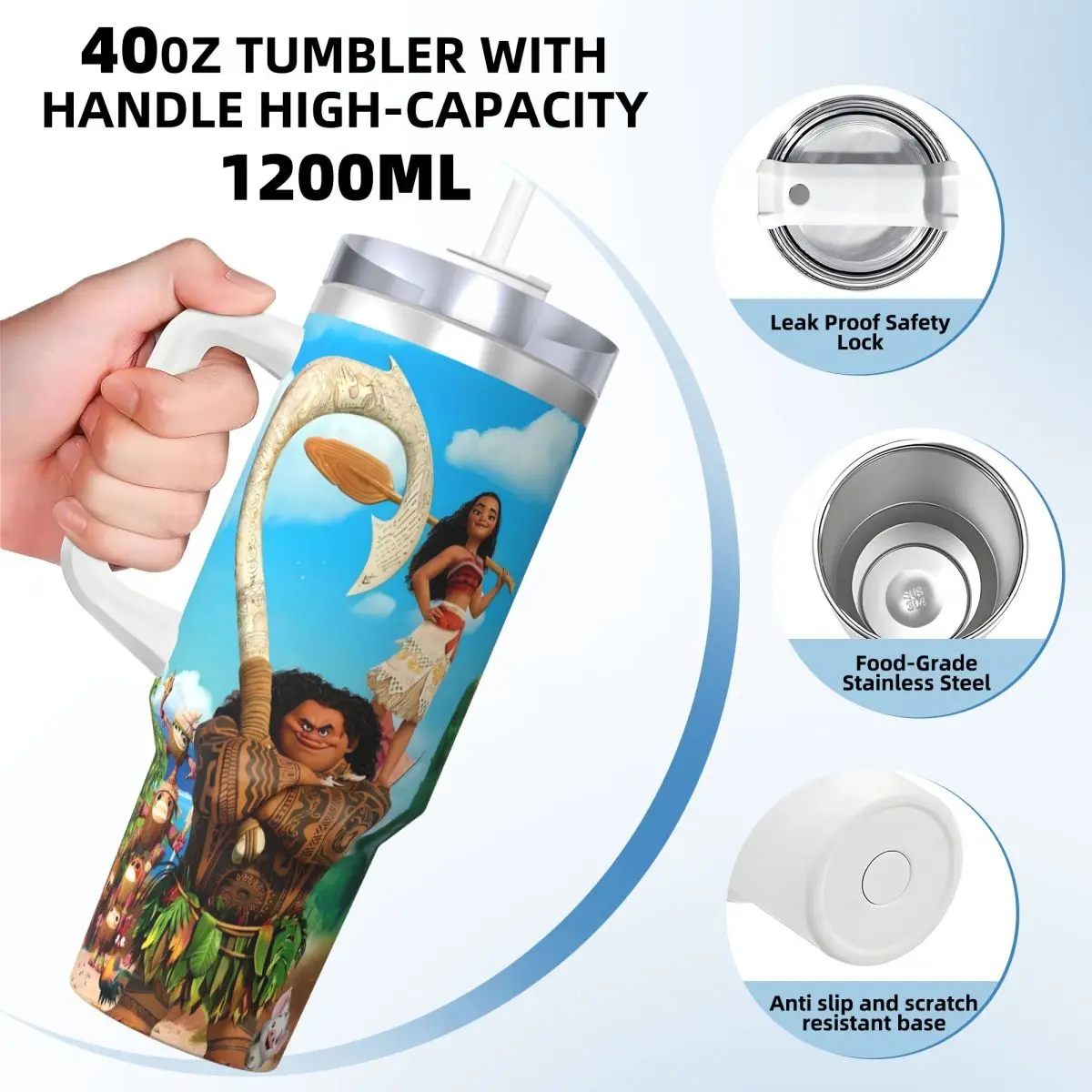 Stainless Steel Tumbler Movie Moana Maui Friendship Cup With Straws Hot Drinks Water Bottle Leakproof Large Capacity Thermal Cup