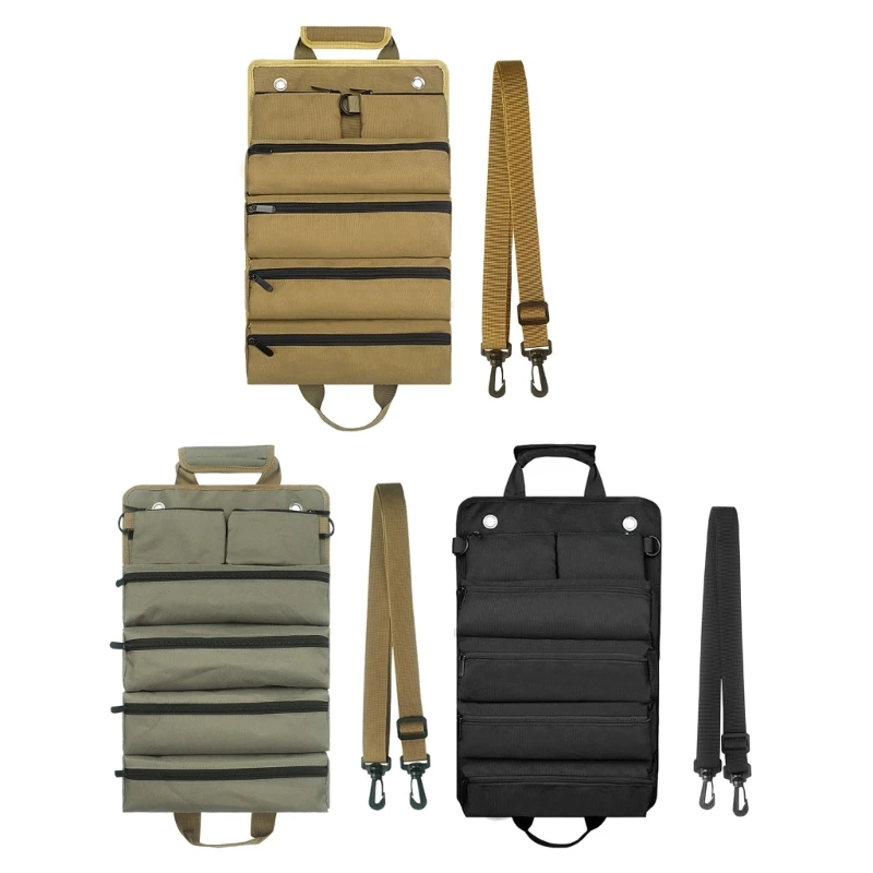 Portable Roll Up Storage Bag Car Tool Storage Bag with 4 Zippered Pockets Dropship