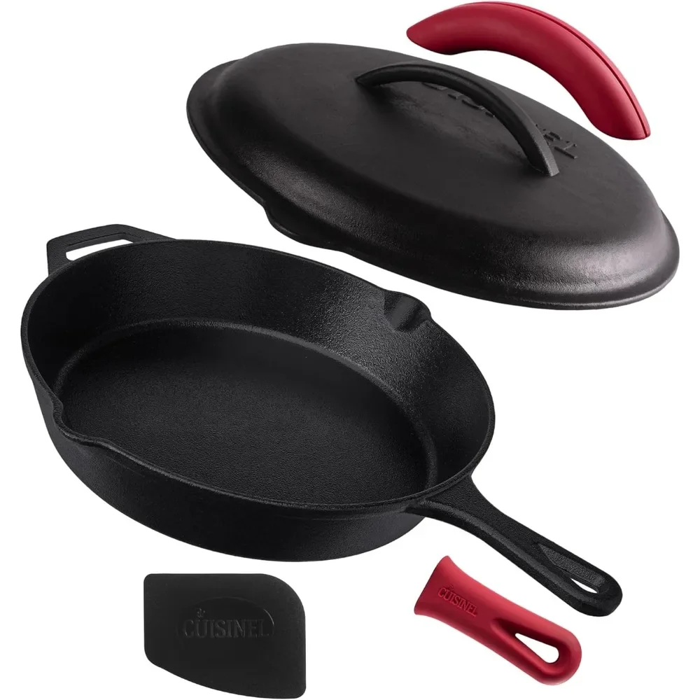 

Cast Iron Skillet with Lid - 12"-inch Pre-Seasoned Covered Frying Pan Set + Silicone Handle & Lid Holders + Scraper/Cleaner