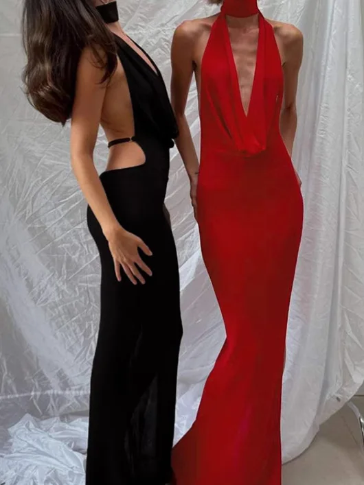 Vestido sexy con escote en V y espalda descubierta con abertura lateral, vestido elegante de satén para fiesta, vestido largo formal, vestido ajustado de cóctel elegante