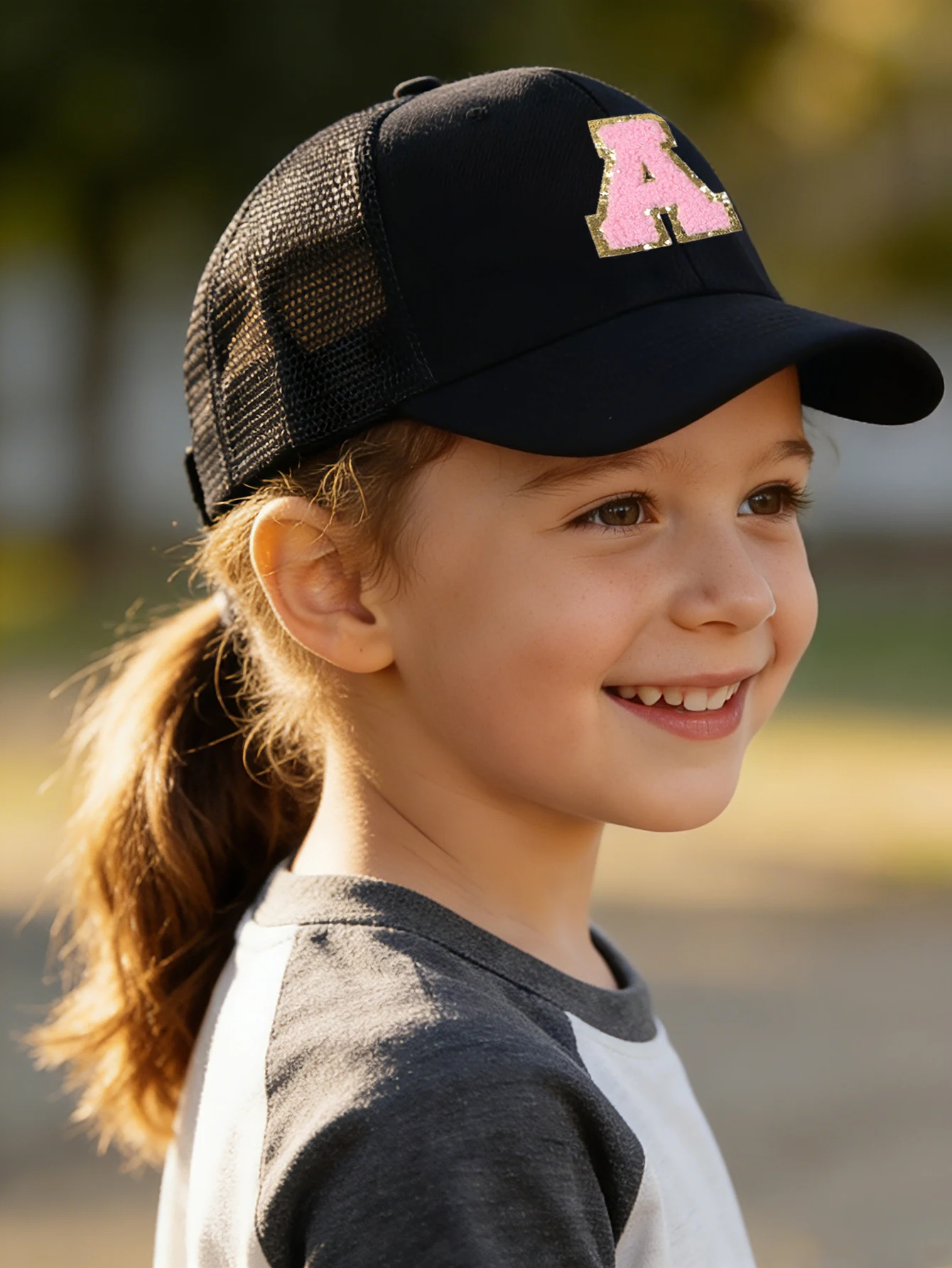 1pc Child's Black 26 Letter Print Mesh Cap, Baby Unisex Baseball Sunvisor Hat, Suitable For Outdoor Activities And Daily Wear, S view 2