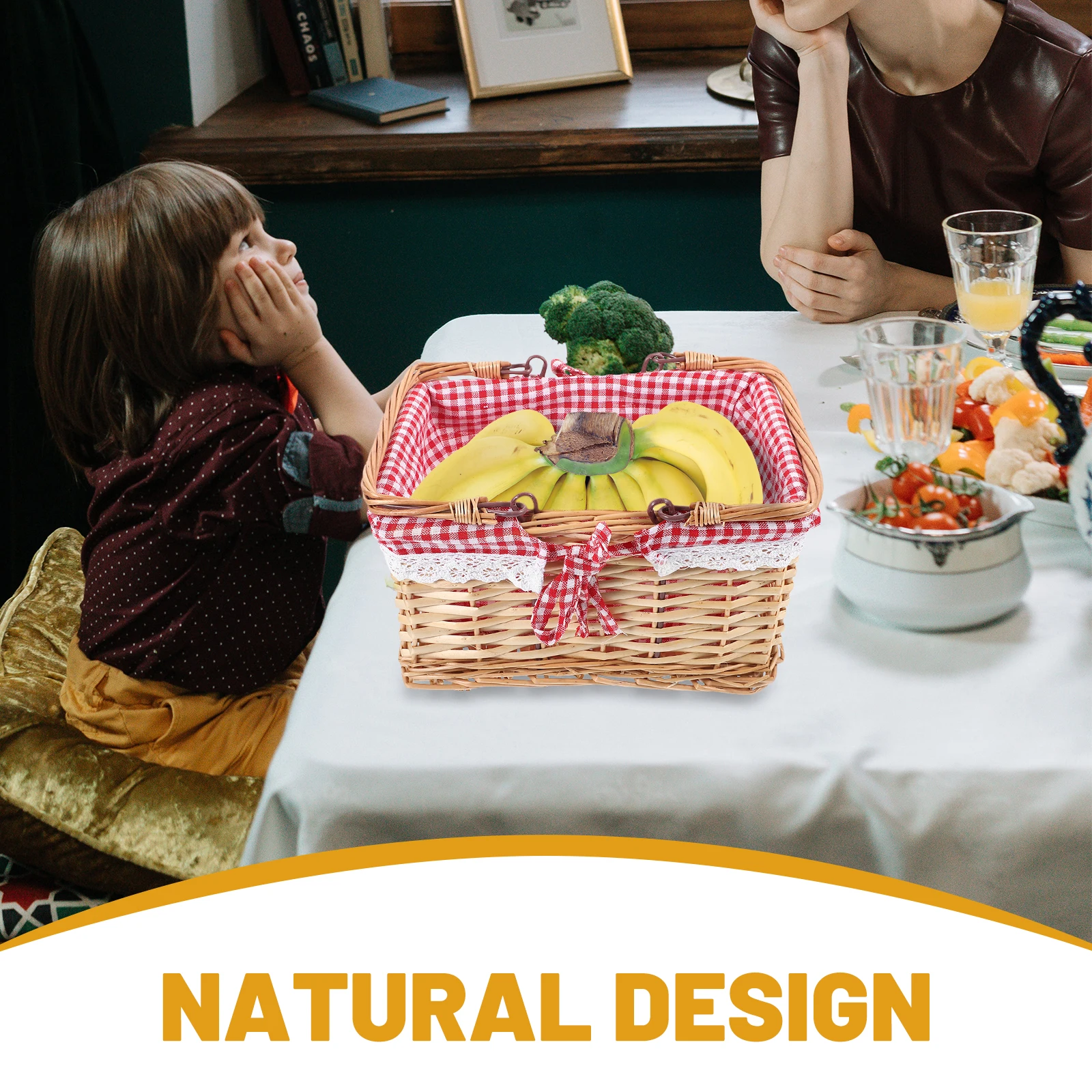 

Wicker Storage Basket Hand Woven Vegetable Shopper Red Plaid Small Natural Wood Fruits Bread Snacks Party Picnic Travel