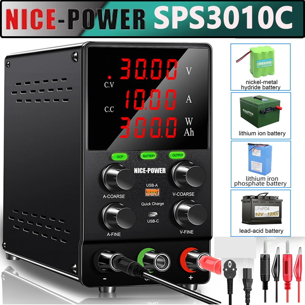 

Adjustable DC Lab Power Supply 30V10A Battery Charging OCP Output Type-c USB Fast Charger Switch Power Supply Regulator Optional