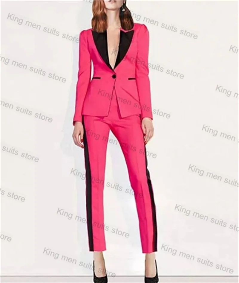 Roze Zwarte Damespassen Broekset Sexy V-Hals Blazer + Broek 2 Stuks Formele Office Lady Jas Op Maat Gemaakte Jas Prom Dress Outfit