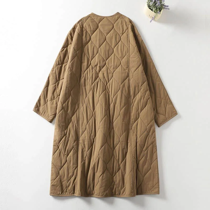 Quilted Coats Oversized Rhombic O-neck Jackets for Women Long Sleeved Lightweight Mid-length Casual Vintage Winter Snow Clothes