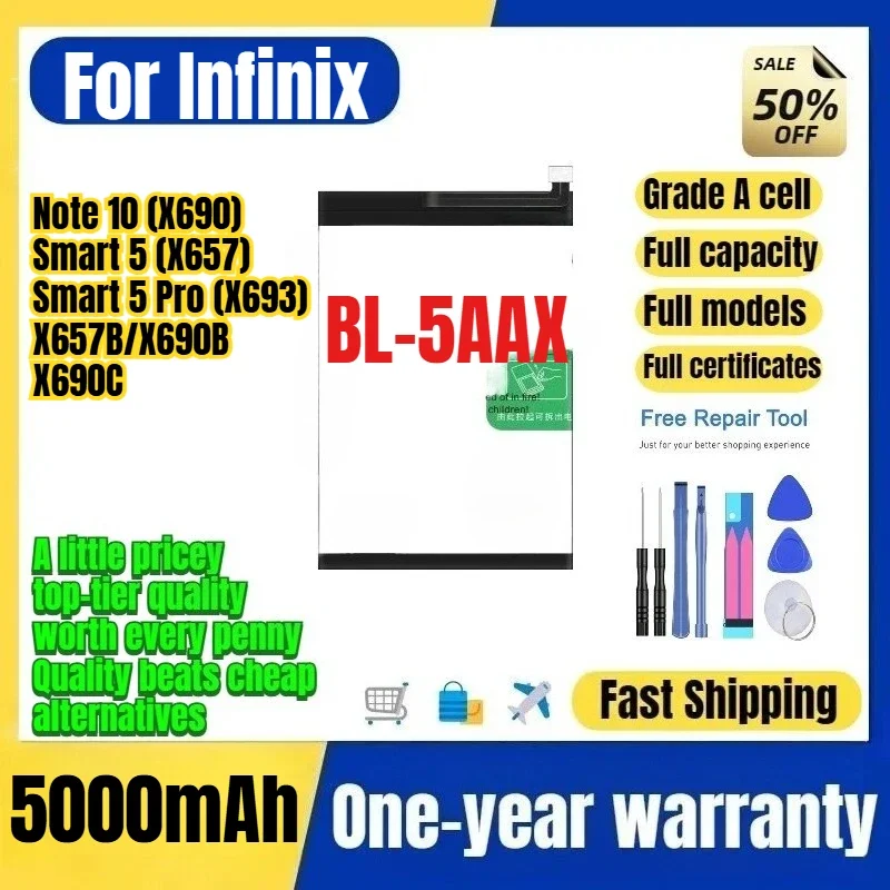 BL-5AAX for Tecno Infinix Note 10 (X690)/Smart 5 (X657)/Smart 5 Pro (X693)/X657B/X690B/X690C Phone Battery Replacement Bateria