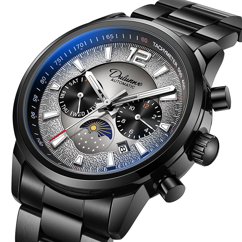 Dulunwe Multi‑Function Mechanical Automatic Men Wristwatch Moon‑Phase Sun‑Moon Display Business Sport Watch Herrenuhr