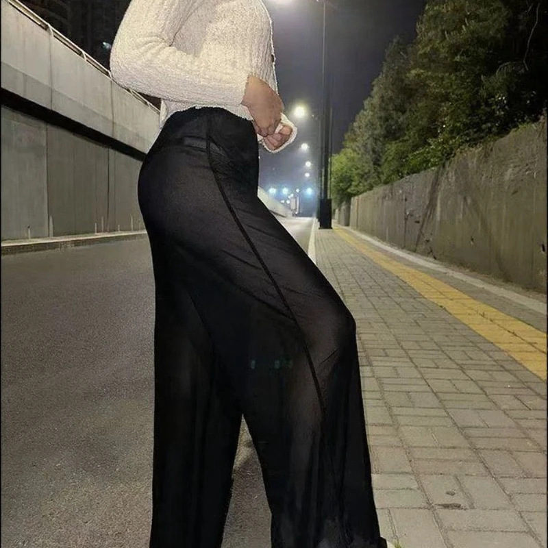 

Women's Black Sheer Wide Leg Pants -Lightweight Transparent Fabric High Waist Loose Fit Casual Sexy Style Trousers Spring Summer