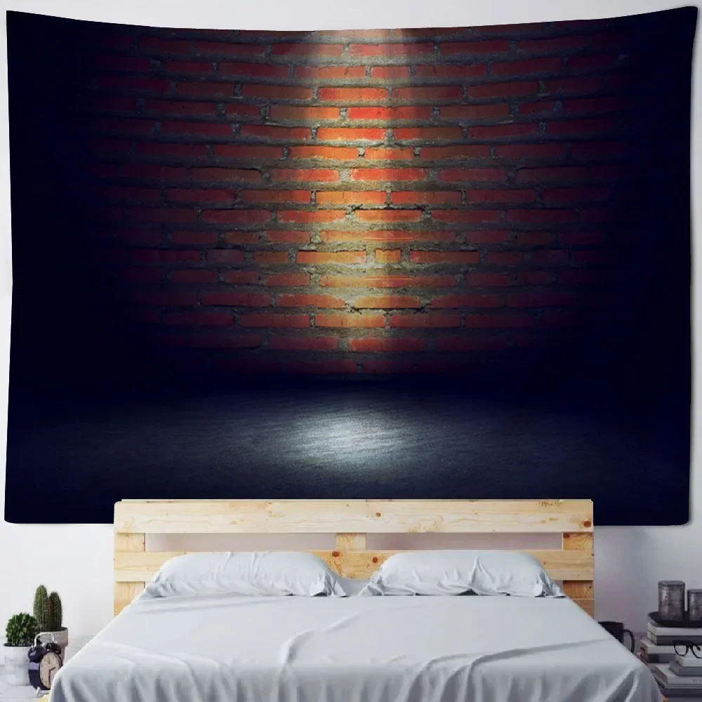 Brick wall tapestry illuminated by light, home wall hanging, retro art wall decoration, blanket, background cloth, bed sheet