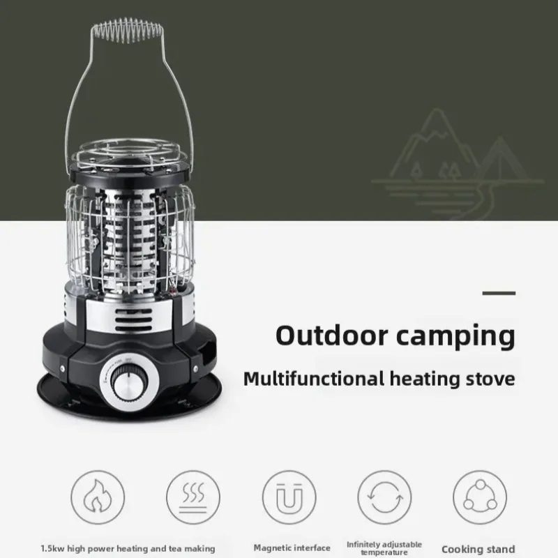 Estufa calefactora eléctrica para acampar al aire libre, 1500W, calefacción multifuncional, cocina, resistente al viento, portátil para pesca en hielo, fogón de Camping