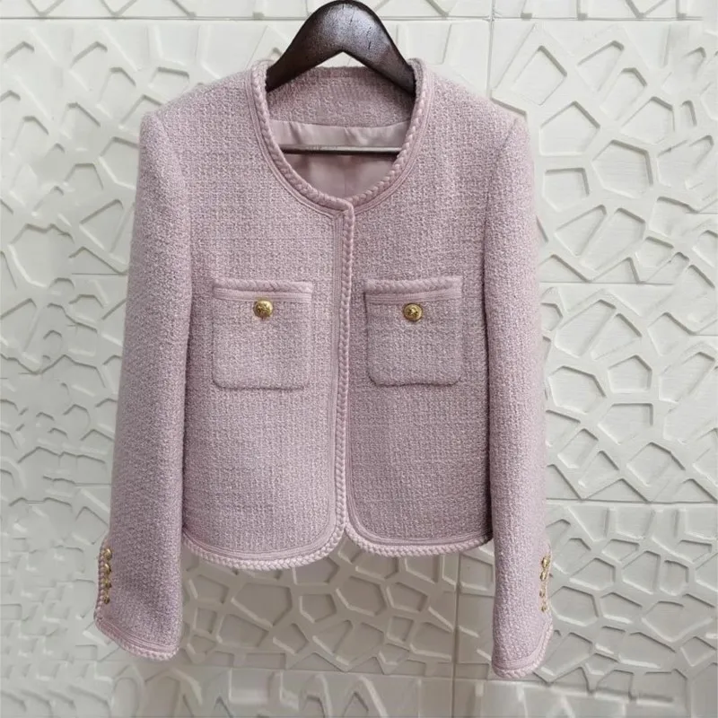 Jaqueta feminina de tweed rosa, jaqueta de lã com gola redonda curta, estilo fragrância pequena, roupas de outono e inverno