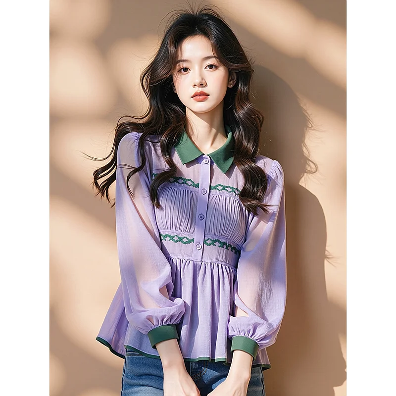 

Purple Puff Sleeve Shirt for Women's New Contrasting Color Wrinkled Lapel Waist Top Small Fragrance Style
