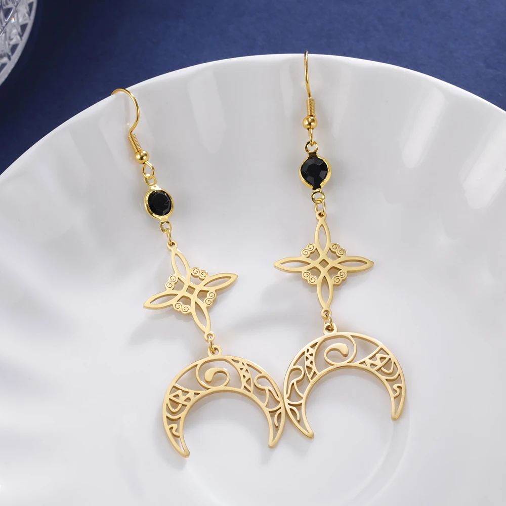 Dawapara Witch Knot Cresent Moon Earrings Black Birthstone Bohemia Long Earrings Stainless Steel Golden Pendant Jewelry