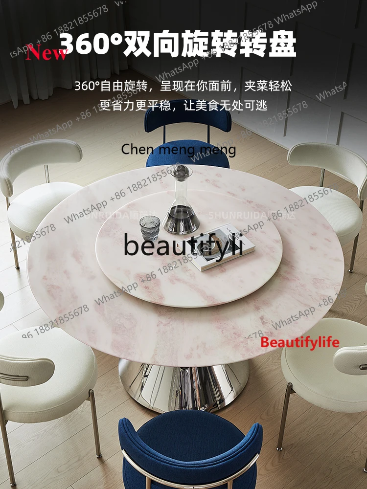 

A32 Imported Pink Diamond Luxury Stone Dining Table Round Rose with Turntable Pure Natural Marble Dining Table