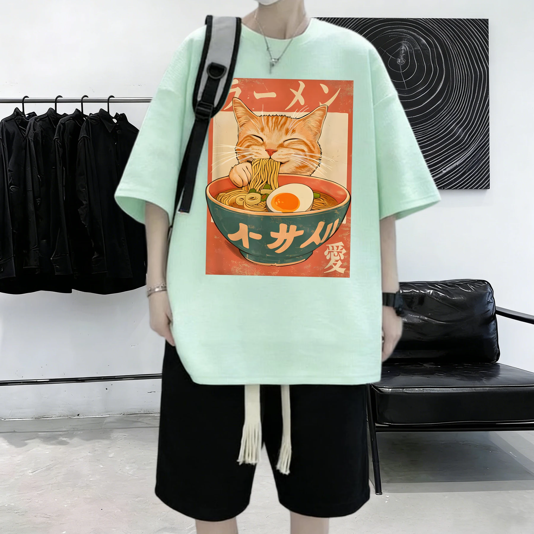 Eating Noodles Will Make Cats Happy Prints Man Summer Basic Cotton T Shirt Comfortable All-Match Short Sleeve Loose Youth Top