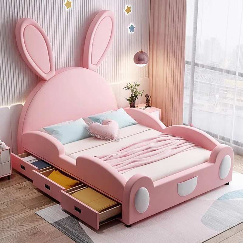 *Modern Single Girl Princess Bed Guardrail Drawer Storage Pink Cartoon Rabbit Bed Soft Bed