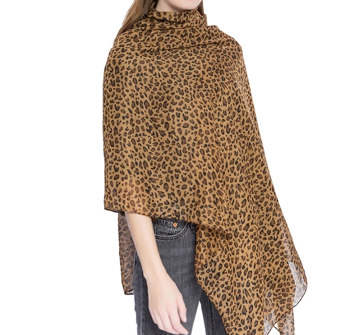 Coffee Brown Leopard Print Chiffon Printed Scarf for Women Full Length for Elegant Women