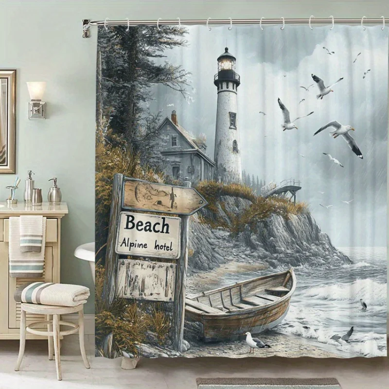 

"Lighthouse Beach Waterproof Shower Curtain, Coastal Scenery Design for Relaxing Bathroom Decor"