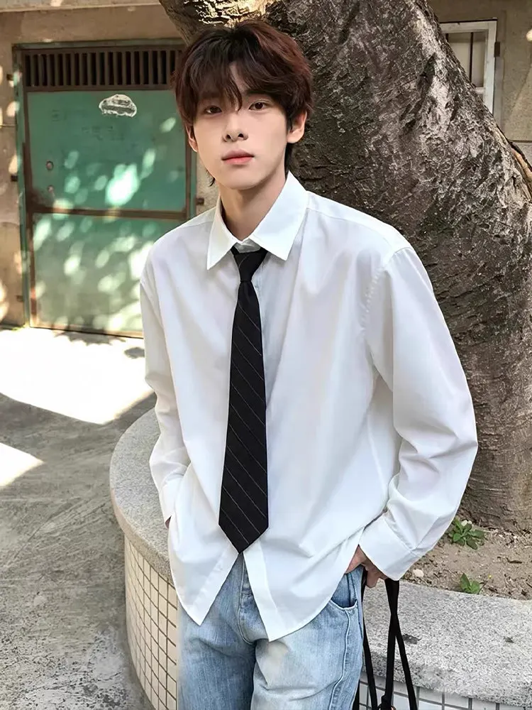 Men's Long Sleeve Shirt Drapey Loose Fit White Simple Inner Wear Cleanfit Youthful Trendy Outerwear Casual Standard Style
