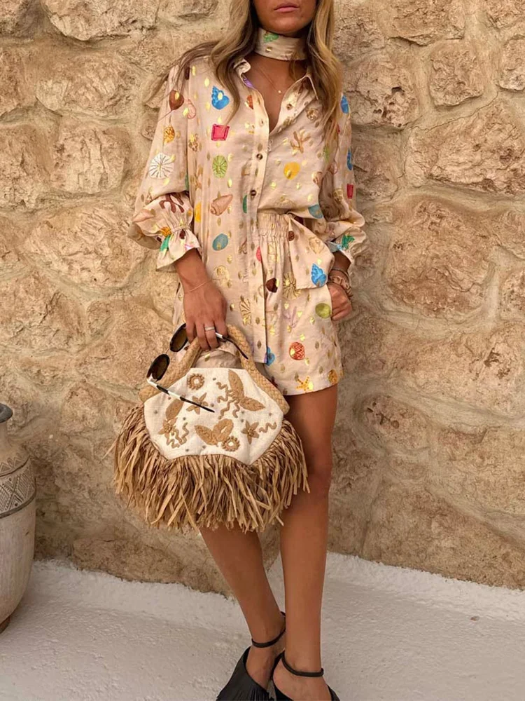 

Женская мода, костюмы из двух предметов с бронзовым принтом, осенняя рубашка на пуговицах с длинными рукавами и повседневные шорты, комплект весенней свободной уличной одежды