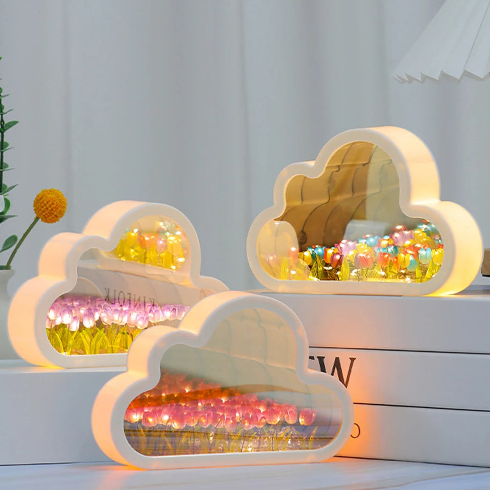 Luz nocturna de tulipán para niñas y amigos, lámpara de mesa con forma de nube, espejo para dormir, decoración del hogar y dormitorio, regalos de cumpleaños