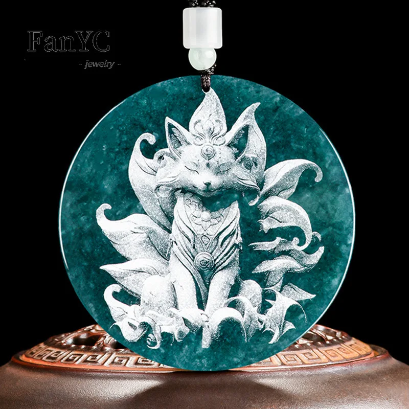 

Myanmar Jadeite Blue Water Shadow Carving Nine-tailed Fox Pendant Exquisite Fashion Ice Jade Necklace Men and Women Holiday Gift