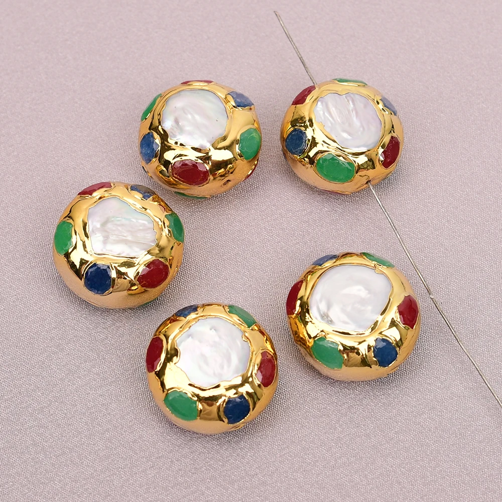 APDGG 5 Pcs Cultured White Keshi Coin Pearl Mix Color Jades Paved Gold Edged Spacer Beads For Jewelry Making DIY