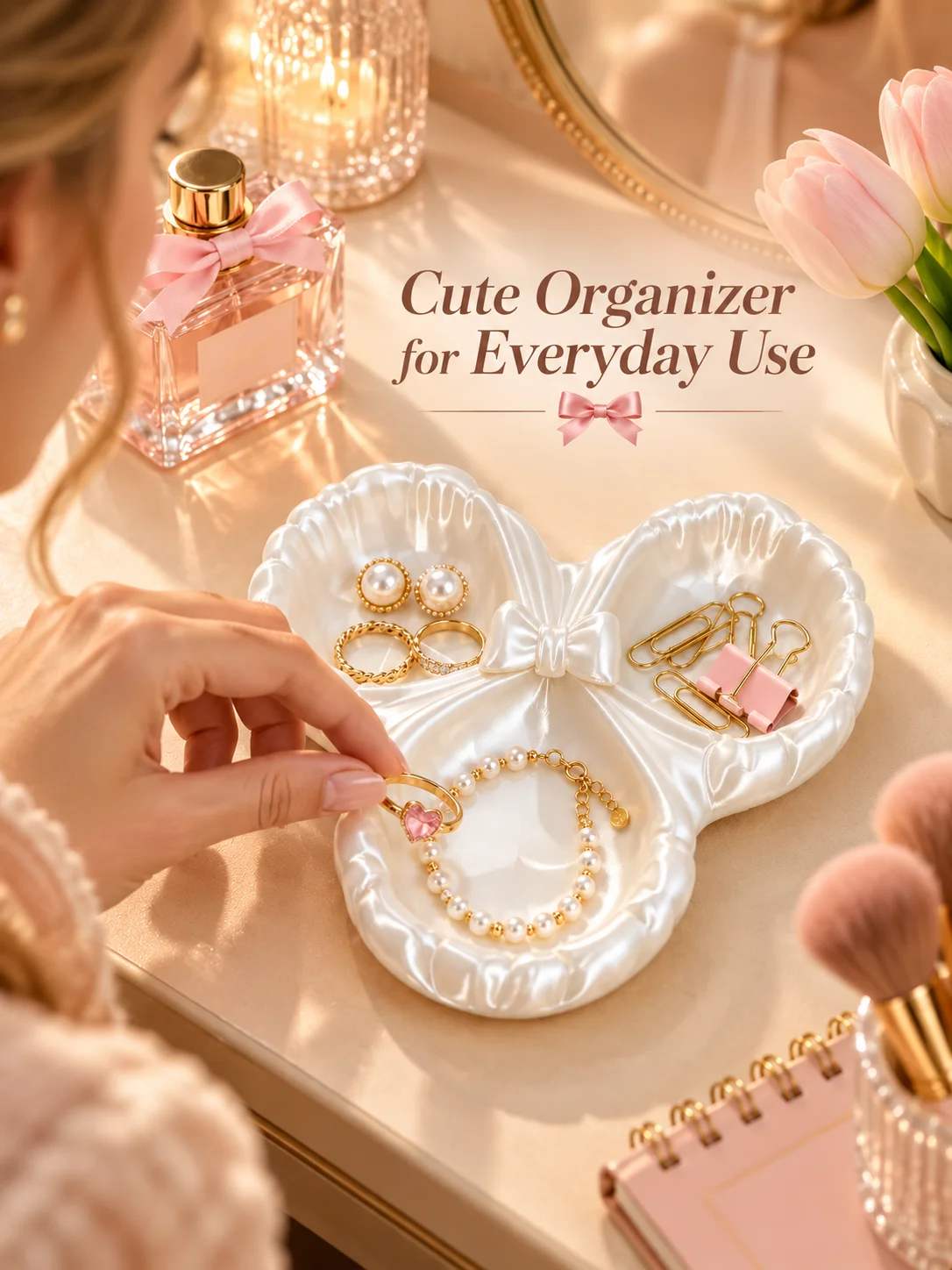 Girly Bowknot Three-Compartment Jewelry Tray Gift 3D Printed White Pla Glossy Pearl White Storage Tray Silky Satin Texture Exquisite Romantic Style Desktop Storage Box Dressing Table Jewelry Display Stand for Organizing Rings, Earrings, Necklaces, Paper Clips, Hair Accessories Neat Storage and Easy Access Multi-Scenario Use Home Decorative Item Non-Breakable Lightweight High-Value Practical Storage Item Gift for Women, Girls, and Best Friends