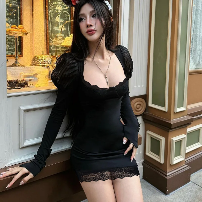 

Spring new women's clothing elegant fashion lace hollow design black tight dress party sexy temperament elegant high-end clothin