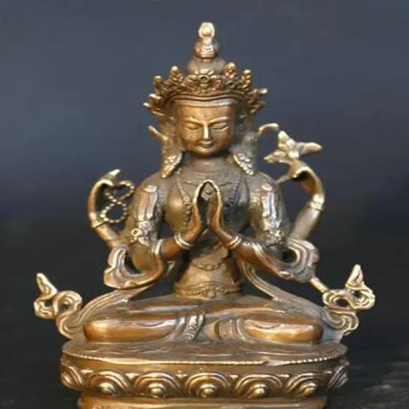 

5" China Tibetan Buddhism Bronze Sit Fors Arms Kwan-yin Guan Yin Buddha Statue