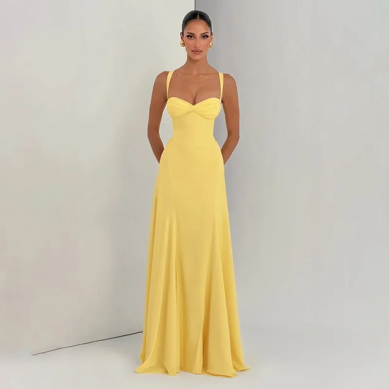 Elegant Party Dress Long High Waist Backless Maxi Dress Sleeveless Fitted Slip Dress Sweetheart Neckline Yellow Floor Length