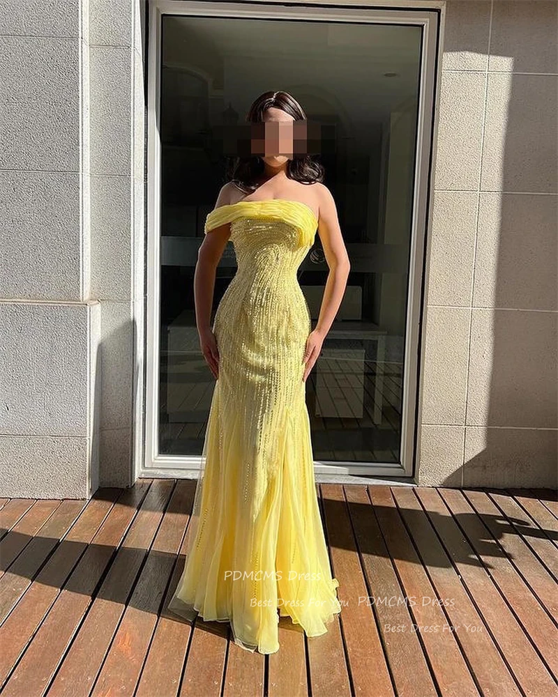 Luxury Yellow Mermaid Evening Dresses Off One Shoulder Prom Dress Shiny Sequins Customized Formal Party Gowns For Women Vestidos