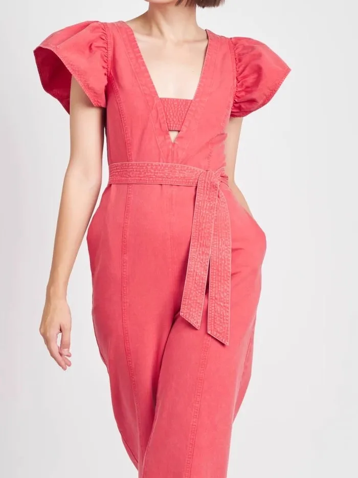 

Fashionable V-neck Sleeveless Slimming High-waisted Long Straight-cut One-piece Suit Polyester Fiber Pocket Detail