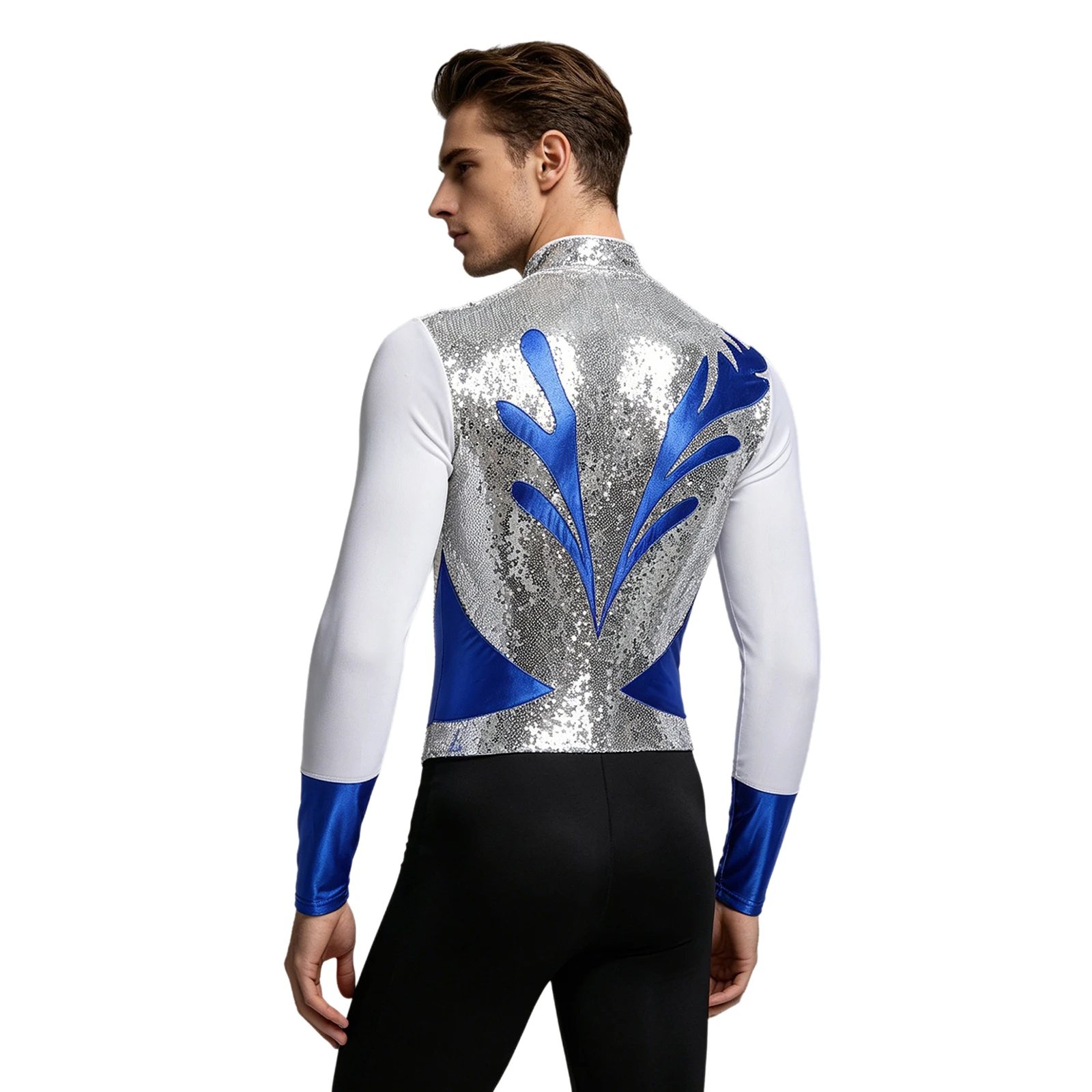 Herren Gymnastik Latin Ballett Tanz Performance Eiskunstlauf Kostüm Glitzer Strass Mesh Trikot Overall Bodysuit Shirts – Detail 32