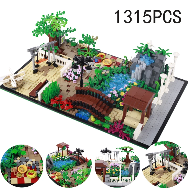 

MOC City Street View Park Building Blocks Animalis Garden Plant Flower Rock Street Lamp Pavilion Chair Brick Toys Christmas Gift