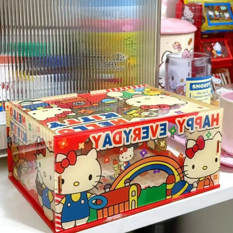 

Kawaii акриловый ящик для хранения Hello Kitty, милый откидной чехол, высокопроизводительный настольный светильник, ветрозащитный пылезащитный чехол, настольная стойка для хранения