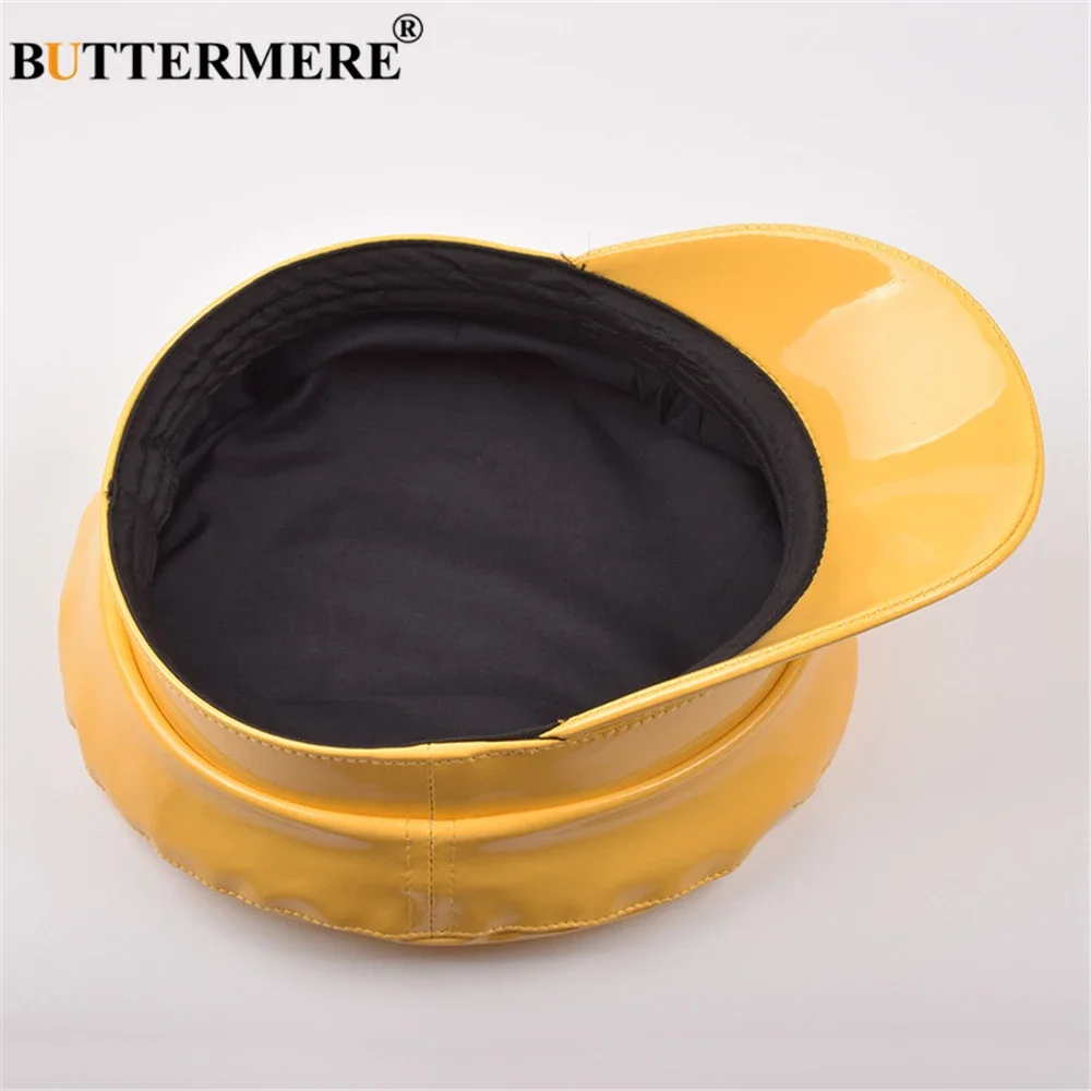 BUTTERMERE Patent Leather Military Hat Women Solid Yellow Fashion Hats Ladies Flat Cap Spring Autumn Female Brand Sailor Hat