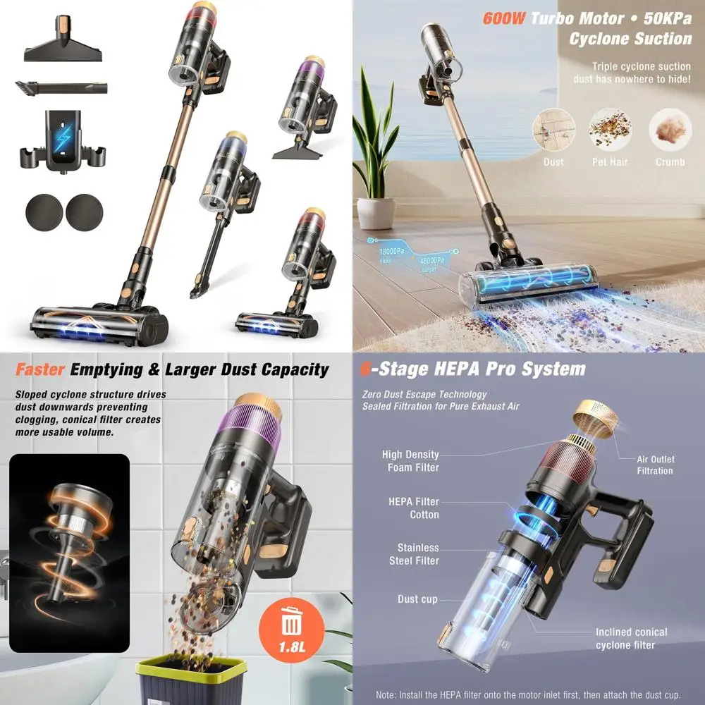 

High-Power 580W 48kPa 70-Minute Stick Vacuum Cleaner with Touch Sensor, Wall Mount, and Pet Hair Removal for All Floors