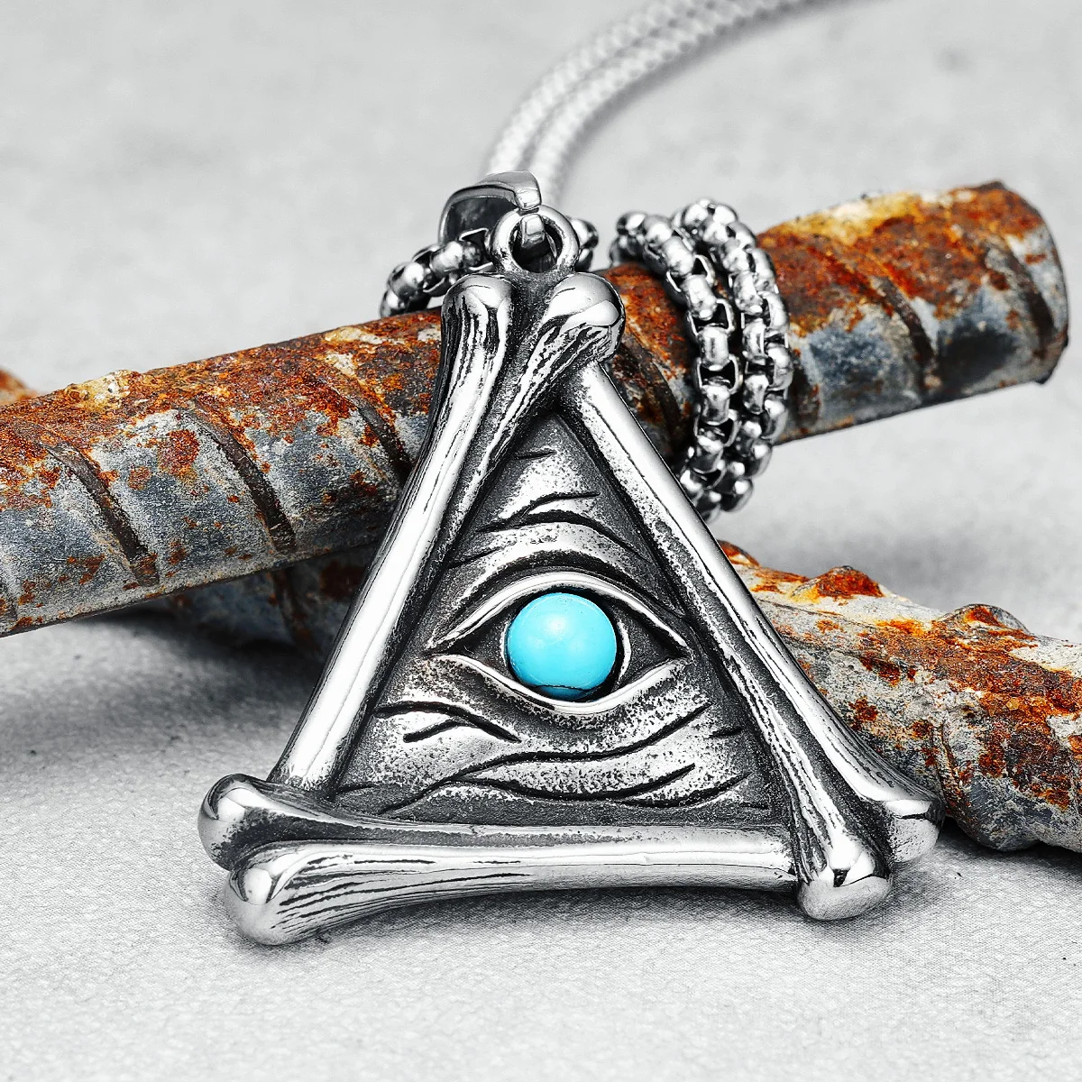 Triangle All-Seeing Eye Pendant Antiqued Bone Frame Men Necklaces Stainless Steel Chain Rock Punk for Rider Male Jewelry Gift