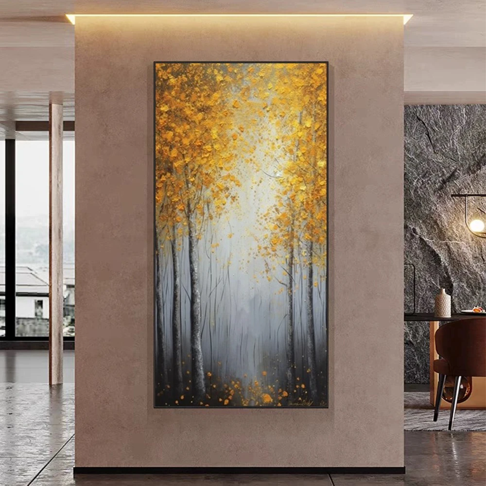 Canvas Art Decor Morning Mist Yellow Trees Landscape Lake Painting Hand Painted Natural Picture for Home Wall Decor Wall Art