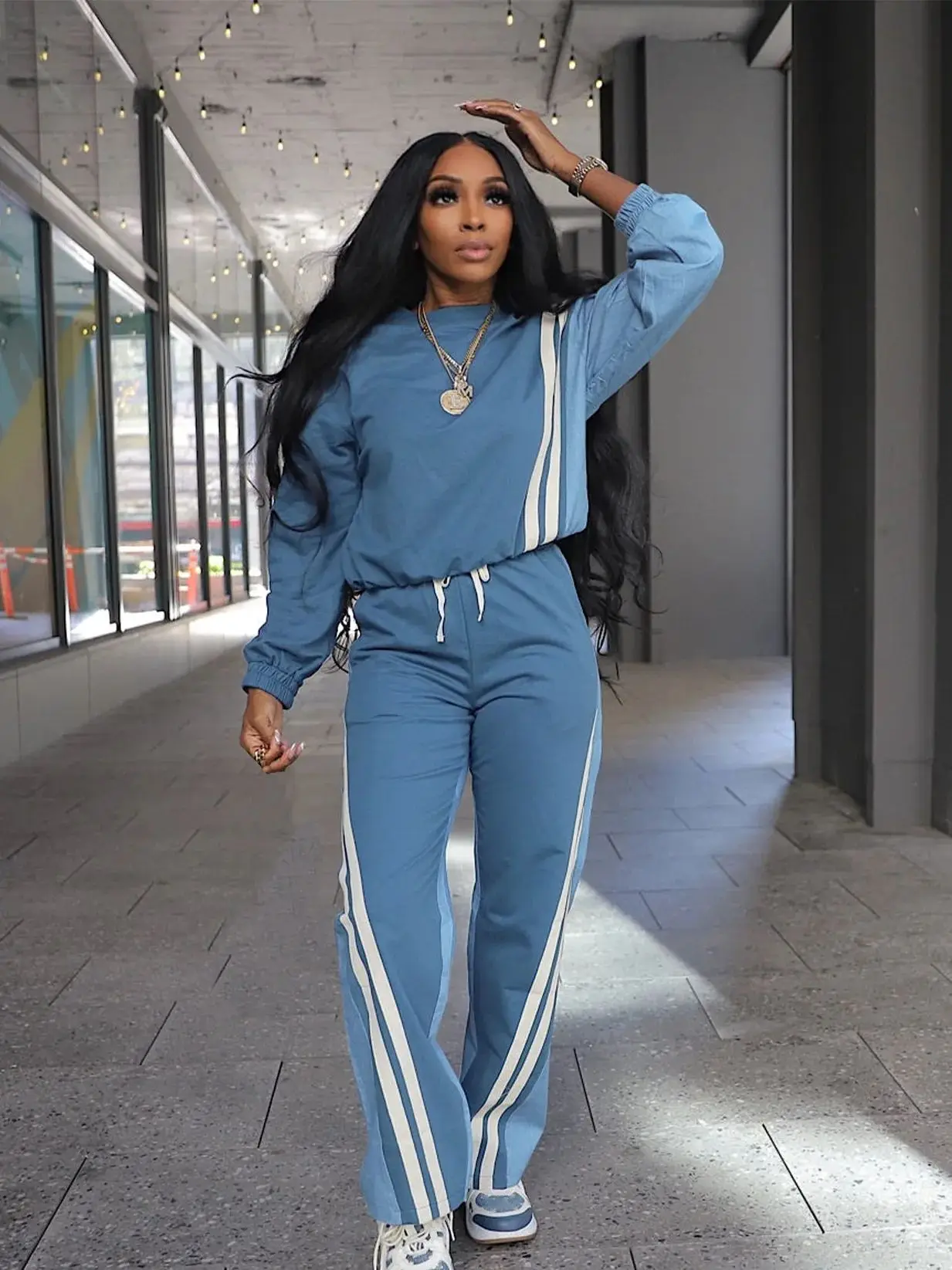 Weird Puss Herbst Trend 2-teiliges Set Damen Streifen Patchwork Vollarm Pullover + Kordelzug Hose Lässiger sportlicher Straßentrainingspak