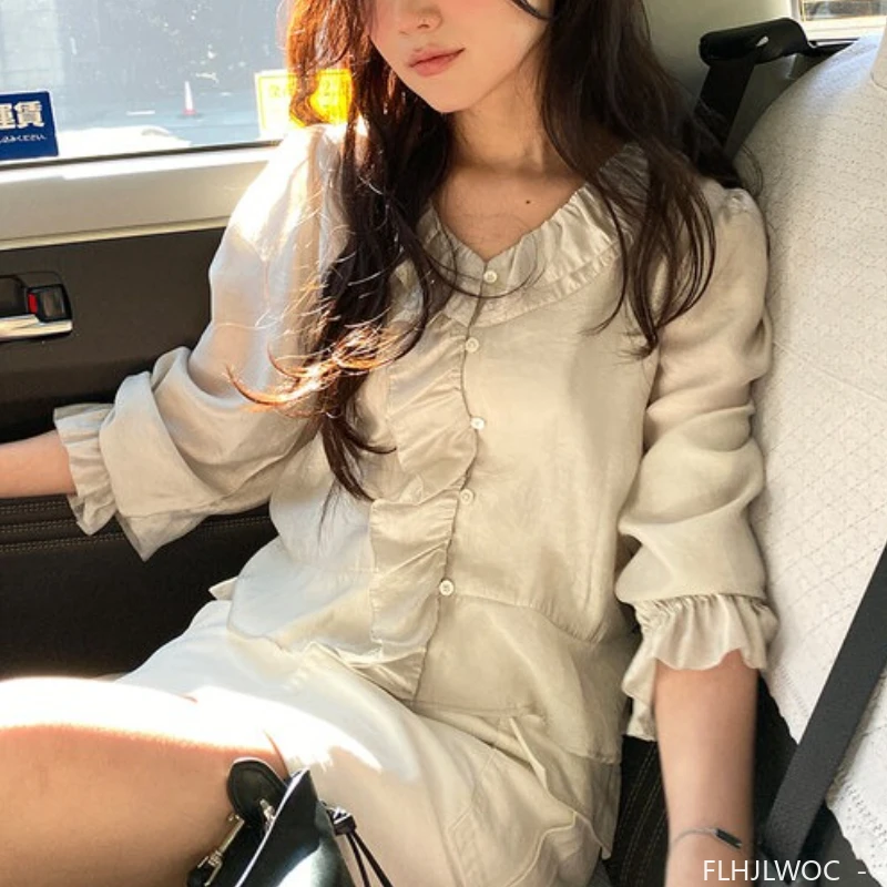 짧고 얇은 투명 탑 블라우스 새로운 패션 여성 일본 소녀 귀여운 레트로 빈티지 러플 탑 프레피 스타일 기본 셔츠